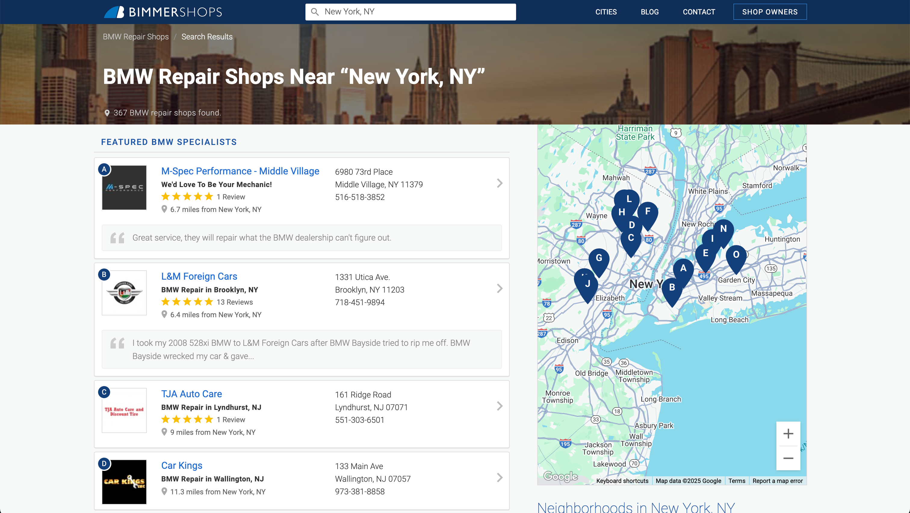 Search results headers display background images of city skylines and geographically accurate landscapes.