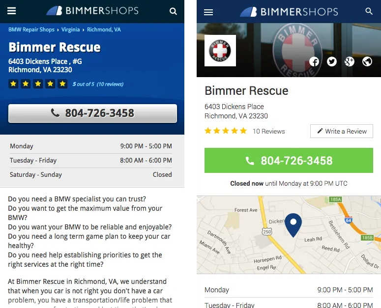 BimmerShops Shop Listing on mobile. 2013 left & 2016 right.