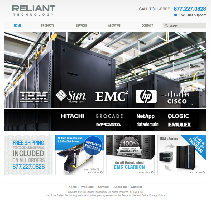 Reliant Technology's first website, a postcard style design where I started out mostly just designing little ad banner images.